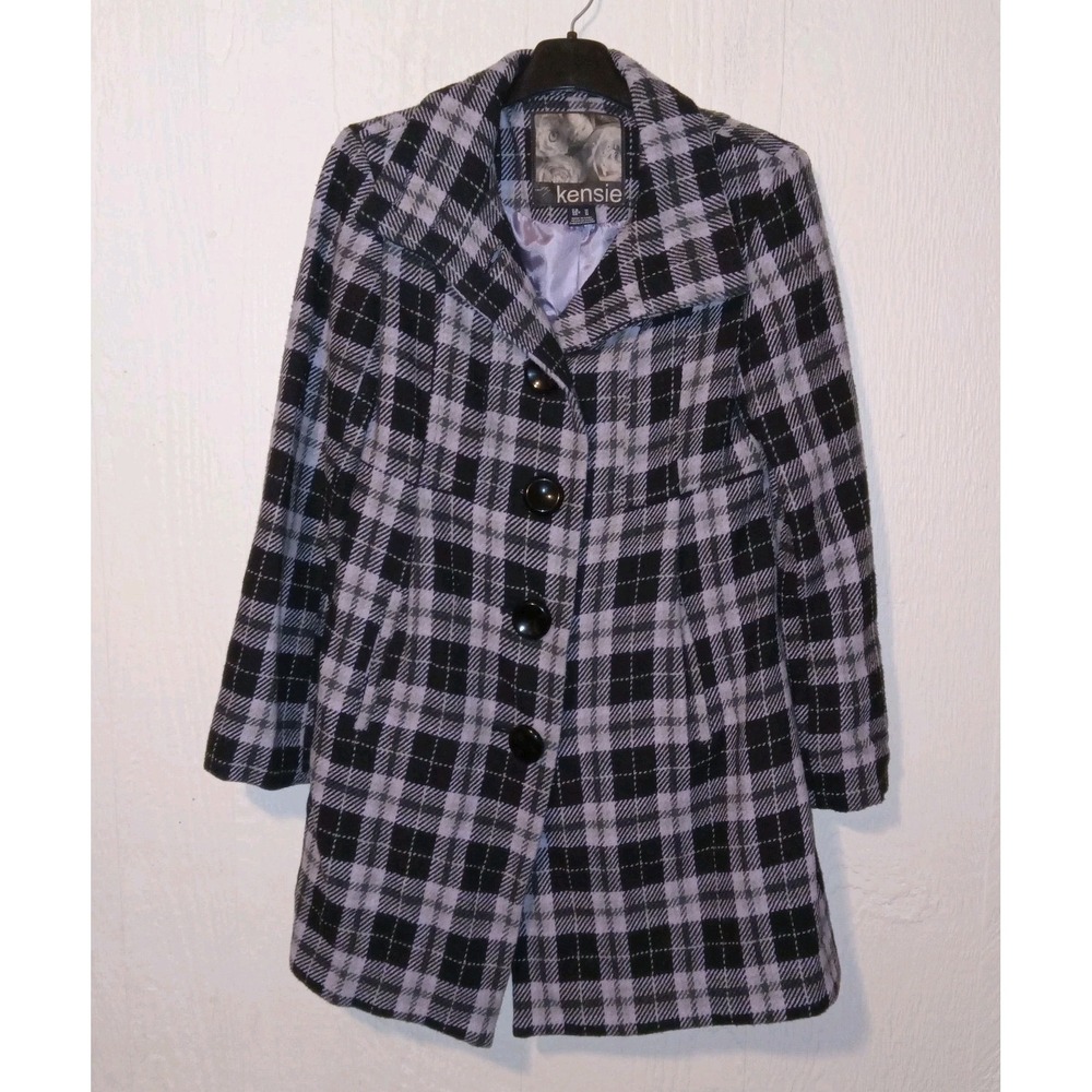 Kensie Plaid Pea Coat Women Size M Purple Black Wool Blend Button Front Jacket